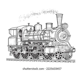 Vintage old locomotive train hand drawn sketch Vector illustration.