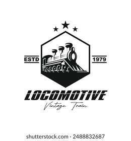 Vintage Old Locomotive Train Machine Logo Design Vector, this logo for historical museum, collector, historical club, travel, journal, tourism and brand company