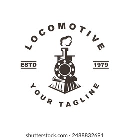 Vintage Old Locomotive Train Machine Logo Design Vector, this logo for historical museum, collector, historical club, travel, journal, tourism and brand company