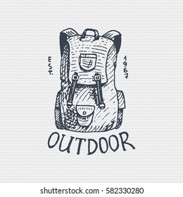 vintage old logo or badge, label engraved and old hand drawn style with backpack , knapsack, bag.