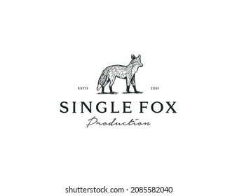 Vintage old logo  label engraved   old hand drawn style and red fox pose Premium Vector