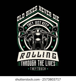 Vintage Old Motorcycle Graphic T-Shirt Design in 90s Style with Retro Classic Bike Illustration