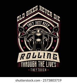 Vintage Old Motorcycle Graphic T-Shirt Design in 90s Style with Retro Classic Bike Illustration