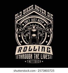 Vintage Old Motorcycle Graphic T-Shirt Design in 90s Style with Retro Classic Bike Illustration