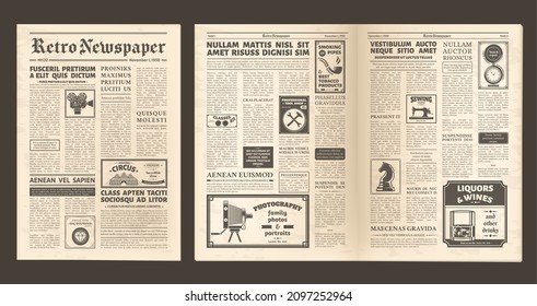 Vintage Old Newspaper Full Page, Retro Spread Pages. Retro Newsprint Page, Editorial News And Ad Posters Newspaper Layout Vector Illustration Set