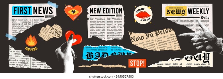 Vintage Old Newspaper Scraps. Halftone Female Hands. Torn Paper and Collage Elements. Trendy Colorful Stickers and Signs. Contemporary Scrapbooking Concept. 