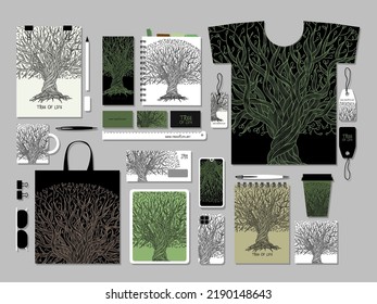 Vintage olivo antiguo con raíces, concepto artístico para su negocio. Ideas creativas para tarjetas, banner, web, materiales promocionales. Plantilla de identidad corporativa. Ilustración del vector