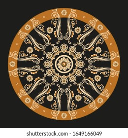 Vintage old ornamental pattern in a circle. Decorative swirling scroll elements a gold or yellow-brown color on black background.