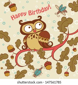 Vintage old owl card. Birthday Template Card. Can be use for many printing and embroidery decoration purposes. VECTOR.