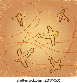 Vintage old paper background with airplanes.Brown. Ancient texture illustration. Vector airplane illustration.Vintage old paper.Line art. Retro. As wallpaper, design element.