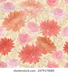 Vintage old paper pattern with beautiful flowers, rose, chrysanthemum and leaves Vector illustration
