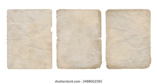 Vintage old paper with ripped torn edges and wrinkled crumpled textures. Antique faded sheets set