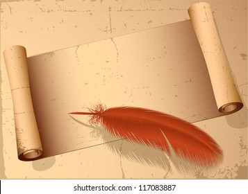 Vintage old paper scroll and pen. Vector.