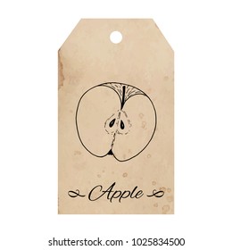 Vintage old paper tag with cut apple fruit ink sketch, spilled coffee stain, brown beige color, old aged paper, retro labels for special design of packaging, product label, logo, scrapbook, etc.