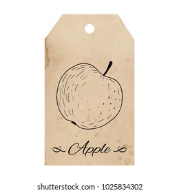 Vintage old paper tag with whole apple fruit ink sketch, spilled coffee stain, brown beige color, old aged paper, retro labels for special design of packaging, product label, logo, scrapbook, etc.
