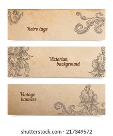 Vintage old paper texture background with set of floral ornamental banners, scrapbooking victorian gift and goods tags collection, hand drawn vector illustration isolated on white, transparent shadows