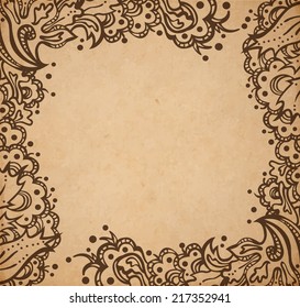 Vintage old paper texture background with floral ornamental frame , scrapbooking victorian style page, hand drawn vector illustration