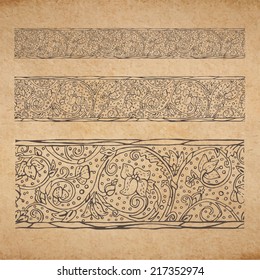 Vintage old paper texture background with floral ornamental seamless border, scrapbooking victorian style decorative elements page, hand drawn vector illustration