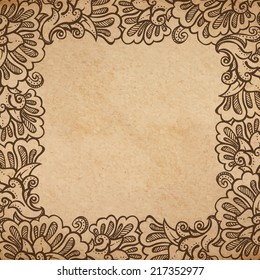 Vintage old paper texture background with floral ornamental frame , scrapbooking victorian style page, hand drawn vector illustration