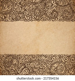 Vintage old paper texture background with floral ornamental frame , scrapbooking victorian style page, hand drawn vector illustration