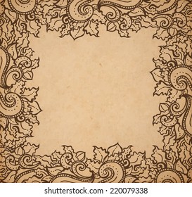 Vintage old paper texture background with floral ornamental frame , scrapbooking victorian style page, hand drawn vector illustration