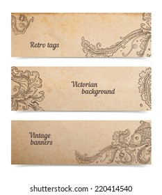 Vintage old paper texture background with set of floral ornamental fish banners, victorian gift and goods tags collection, hand drawn vector illustration isolated on white, transparent shadows