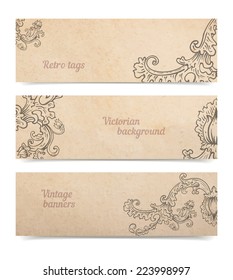 Vintage old paper texture background with set of floral ornamental banners, victorian gift and goods tags collection, hand drawn vector illustration isolated on white, transparent shadows