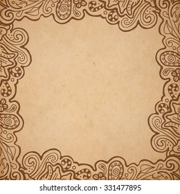 Vintage old paper texture background with floral ornamental frame, scrapbooking page, hand drawn vector illustration