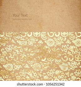Vintage old paper texture with golden foil OM mandalas. Zen Vintage background, scrapbooking victorian style page, hand drawn vector illustration.