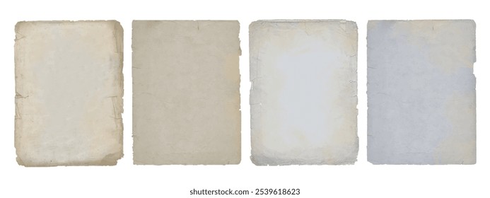 Vintage old paper texture set with ripped torn edges. Antique blank parchment sheets, isolated on transparent background