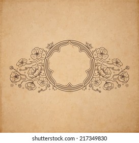 Vintage old paper texture with vector traditional oriental vignette with cherry blossom flowers, hand drawn floral japanese ornament with sakura tree copy space emblem