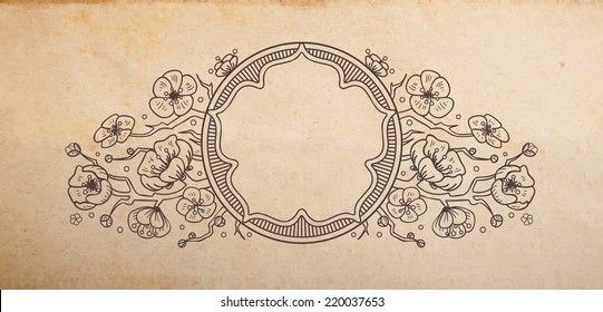 Vintage old paper texture with vector traditional oriental vignette with cherry blossom flowers, hand drawn floral japanese ornament with sakura tree copy space emblem