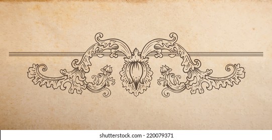 Vintage old paper texture with vector floral vignette divider, hand drawn ornament with swirls and flower