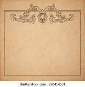 Vintage old paper texture with vector floral frame and medieval flowers, copy space realistic parchment page