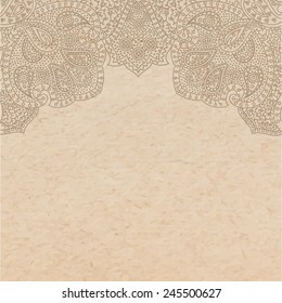 Vintage old paper texture with vector traditional oriental paisley ornament, indian style decorative background, hand drawn asian ornament as engraving style print, copy space card template