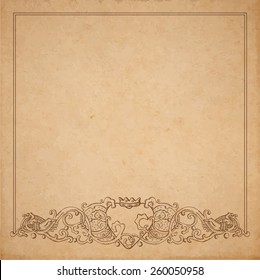 Vintage old paper texture with vector vignette with Medieval ornament, hand drawn floral decorative frame with heart and crown hold by hands, copy space emblem 