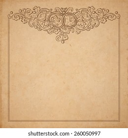 Vintage old paper texture with vector vignette with Medieval ornament, hand drawn floral decorative frame with wedding rings, copy space emblem