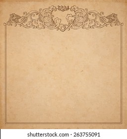 Vintage old paper texture with vector vignette with Medieval ornament, hand drawn floral decorative frame with heart and crown hold by hands, copy space emblem