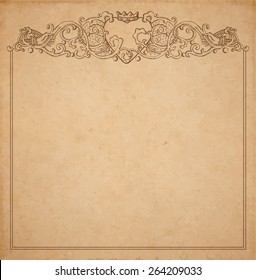 Vintage old paper texture with vector vignette with Medieval ornament, hand drawn floral decorative frame with heart and crown holded by hands, copy space emblem