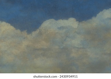 Vintage old paper vector texture with white clouds and blue sky for design. Hand drawn watercolor art illustration. Aged paper backdrop.