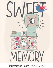 Vintage old photo camera drawn vector illustration.For t-shirt or other uses,in vector.