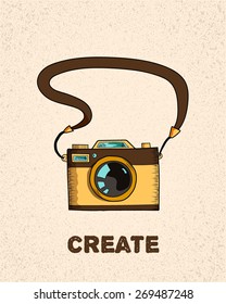 vintage old photo camera on textured beige background,  sketch vector illustration