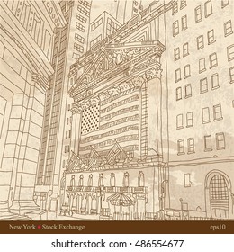 Vintage Old Photo. Wall Street. USA. Vector, Drawing In Lines. Monument Building. Architectural. 