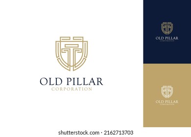 Vintage old pillar logo inside shield shape. Luxurious line art concept with multiple color preview.
