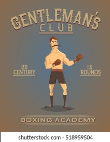 Vintage old poster with boxer.Boxing academy.Cartoon vector illustration