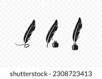 Vintage old quill pen with inkwell vector design. Feather pen drawing and ink graphic design