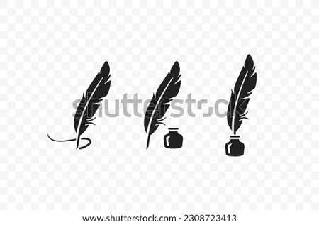 Vintage old quill pen with inkwell vector design. Feather pen drawing and ink graphic design