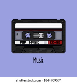 Vintage old retro audio cassette tape in vector pixel style. 8 bit tape, recording with pop music for stickers, posters, animation, embroidery, coloring on squares. Interesting culture 80s, 90s.