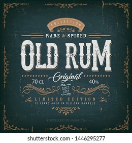 Vintage Old Rum Label For Bottle/
Illustration of a vintage design elegant rum beverage label, with crafted letterring, specific product mentions, textures and floral patterns