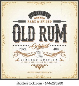 Vintage Old Rum Label For Bottle/
Illustration of a vintage design elegant rum beverage label, with crafted letterring, specific product mentions, textures and floral patterns